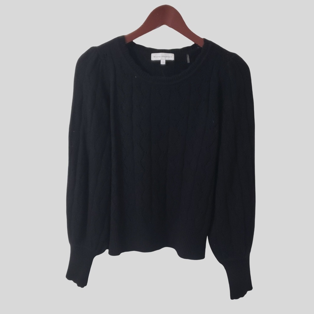 White + Warren 100% Cashmere Pointelle Knit Puff Sleeve Sweater Small Black